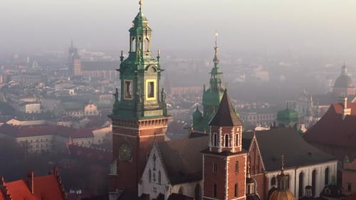 Aerial View of Wawel Castle Cathedral Closeup Old Town in the Background