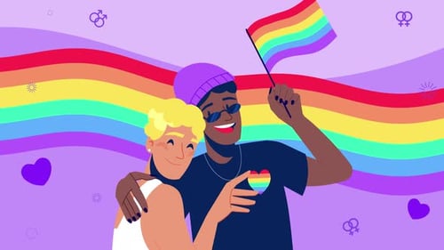 Animated Illustration of Couple Celebrating Pride with Rainbow Flag