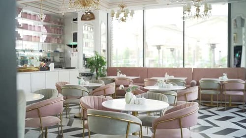 Front view of stylish and light dining table in restaurant wide shot, close up shot,