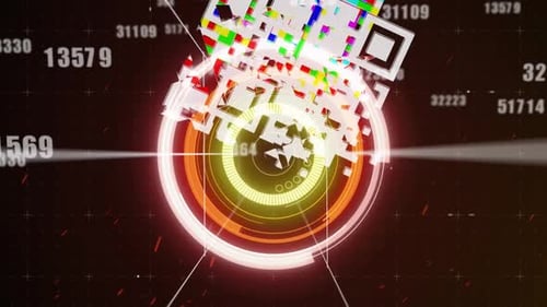Animation of qr code, scope scanning and numbers changing over grid in background