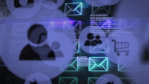 Animation of people and email envelope icons with moving data and infomation