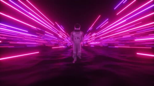 Astronaut Running Through Futuristic Neon Light Tunnel