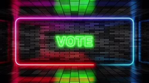 Neon sign vote in speech bubble frame on brick wall background 3d render. Light banner on the wall