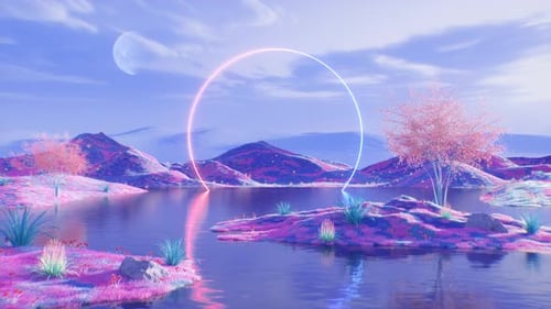 Surreal Dreamlike Landscape with Glowing Neon Ring Animation