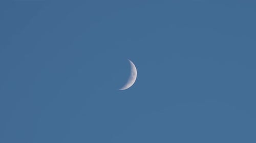 Wide Shot Of The Skies With A Pale Waxing Crescent Moon.