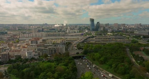 Establishing Shot of the Streets of Paris in the Summer Drone Shot of French Streets are Full of