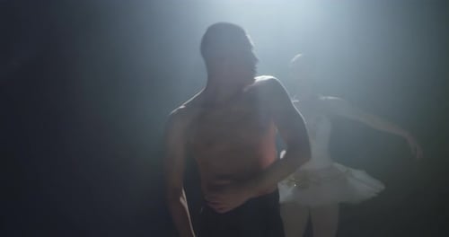 Pareja joven de bailarines bailando ballet clásico y dando giros entre humo y a contraluz.