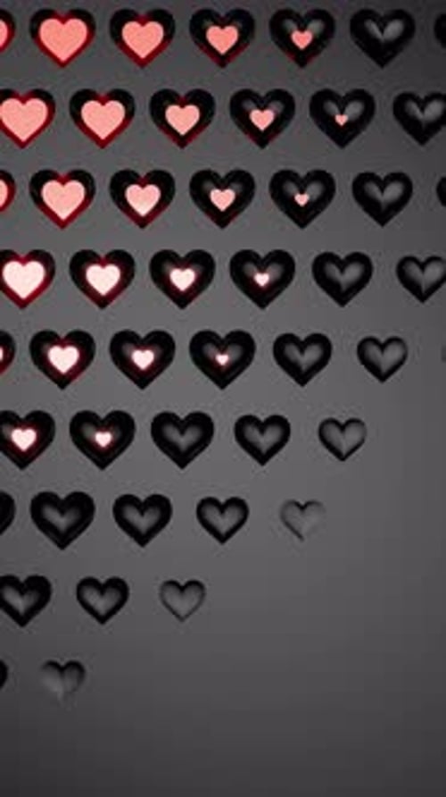 Animated loop of vibrant red hearts glowing on a dark background.