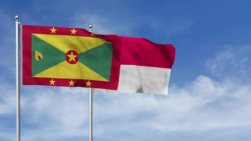 Waving Flags of Grenada and Indonesia Against Blue Sky
