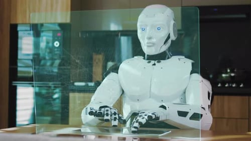 Roboter-Humanoid verwendet innovatives Gerät mit transparentem holographischem Touchscreen: Arbeit in einer Studie