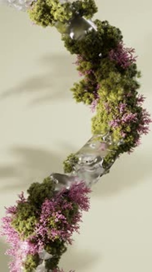 Animated Liquid Stream with Green Moss and Pink Flowers