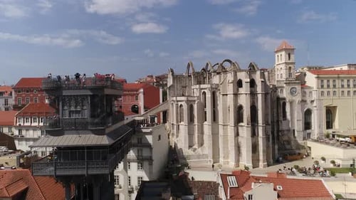 Elevator of Santa Justa and Convent of Carmo Lisbon Portugal Aerial View
