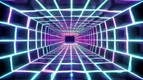 Animation cyberpunk rétro avec tunnel en forme de grille au néon