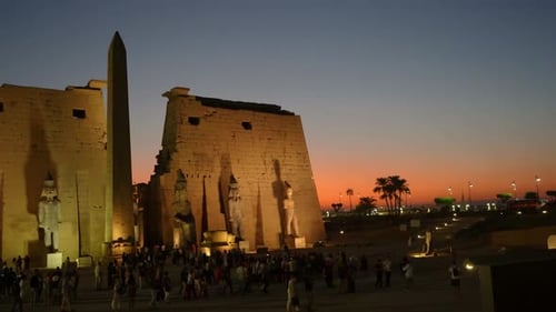 Exterior of Luxor Temple during twilight.
