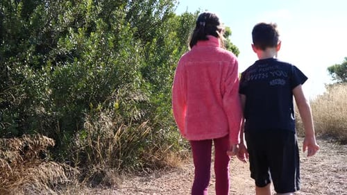 Young kids brother and sister walking together on a path. Slow-motion gimbal shot.