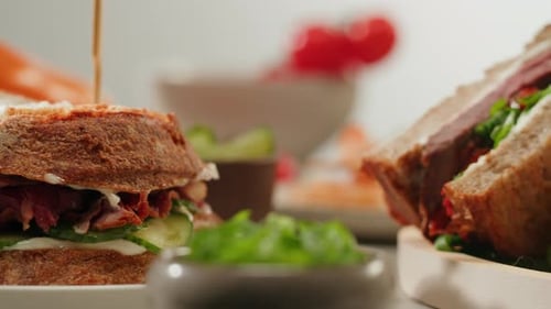 American Pastrami Sandwich with Ham Meet Cuts in Restaurant Cooking Famous Thick Cut Sous Vide Beef