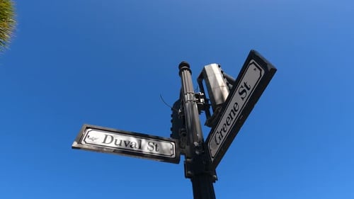 Duval Street and Greene St signs, Key West against blue sky, Florida