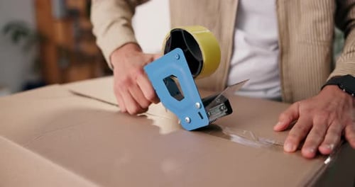 Man Sealing a Cardboard Box with Tape Indoors