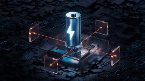 Futuristic 3D Battery Charging Animation with Circuit Board