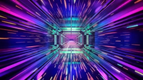 Boucle de tunnel SciFi à grande vitesse avec néons et flux de données