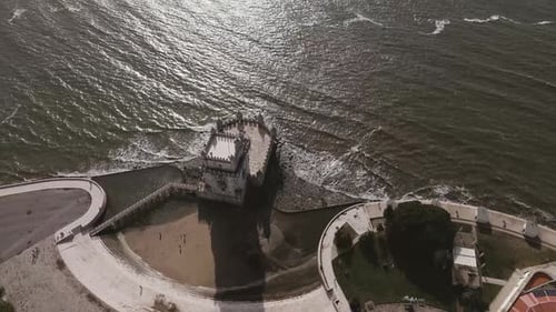 Aerial view of Belem Tower in Lisbon, Portugal.