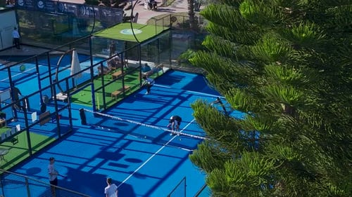Aerial View The Mediterranean Coast Hosts Paddle Tennis Courts Where Trainers and Players Enjoy