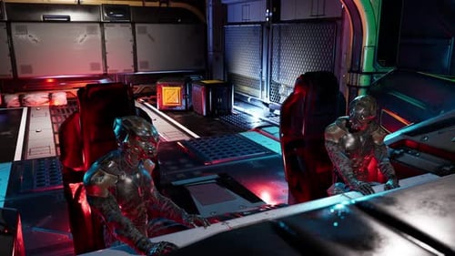 Futuristic Spaceship Interior with Armored Figures at Control Panel