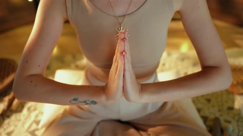 Woman Meditating, Namaste Prayer Position in Home