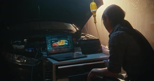 Female Technician Synchronizing Vehicle Diagnostics Between Laptop and Tablet