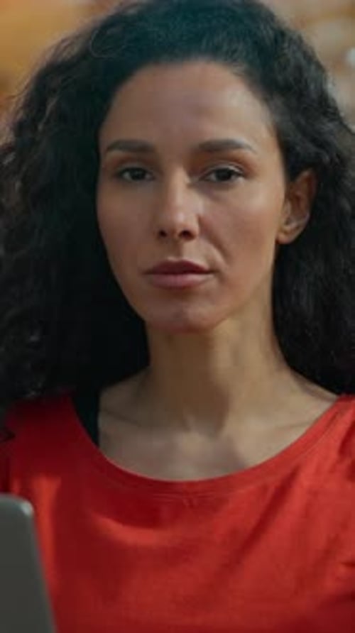 Portrait Serious Hispanic Latina Student Girl Using Laptop University Classroom Woman Caucasian