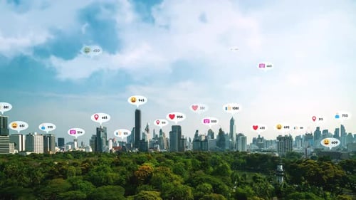 Los íconos de las redes sociales sobrevuelan el centro de la ciudad y muestran a las personas