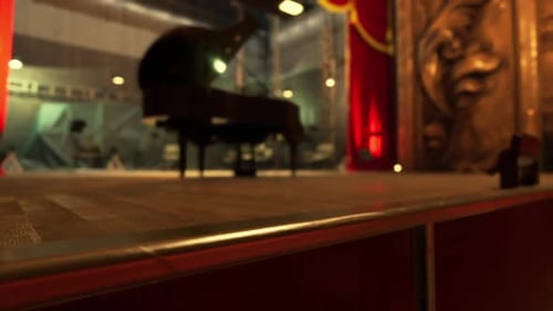 Cinematic Pan Of Empty Stage With Grand Piano