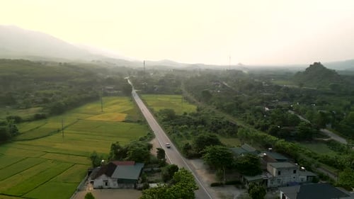 a Small Village Near the Mountains Crosses the Road and the Railway in Vietnam