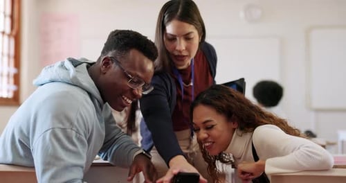 Phone, students and distraction with a teacher in a classroom for discipline during a lesson