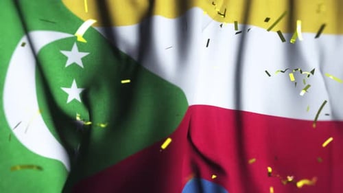 Waving Comoros Flag with Falling Gold Confetti Animation