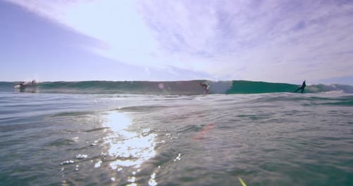 Athletic surfers ride large ocean waves on australian beach under bright sunlight