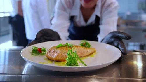 Chef Presents Delicious Salmon Dish in Commercial Kitchen