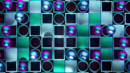 Abstract Geometric Grid Animation with Metallic Bouncing Spheres