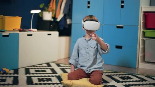 Child Wearing VR Headset Interacting in Virtual World
