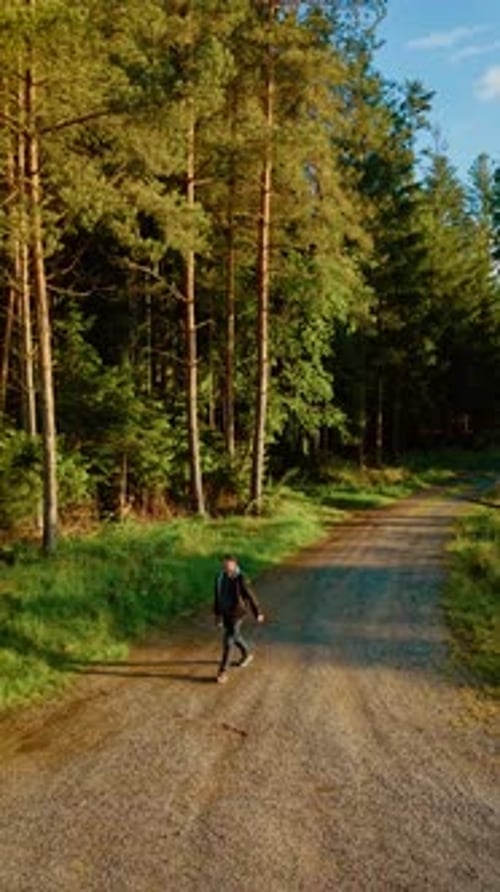 Rucksacktourist, der auf einer breiten Schotterstraße in der Nähe des sonnenbeschienenen Waldes spaziert, der neben Pinien schlendert