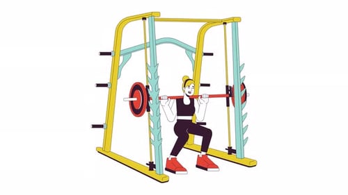 Woman squatting in weight power rack line cartoon animation