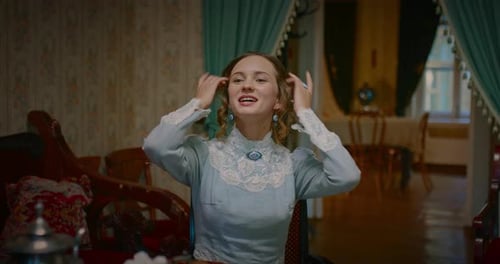 Young Woman Talking in Old-Fashioned Parlor