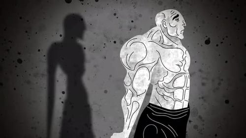 culturiste musculaire atteint de vigorexie projetant l'ombre d'un homme mince
