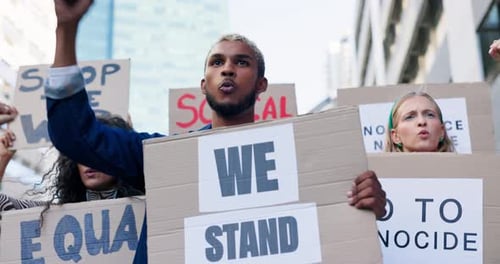 Protest, people and group in a city, posters and equal rights with justice, Palestine and support