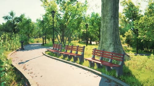 A Serene Park Pathway with Red Benches Surrounded By Lush Greenery