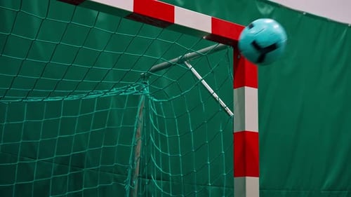 close-up football player scores a goal with the ball into the goal on the football field game