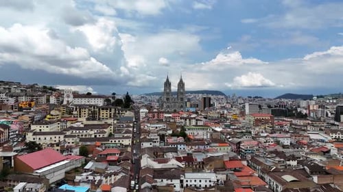 Urban aerial video of the historic center of Quito, Ecuador