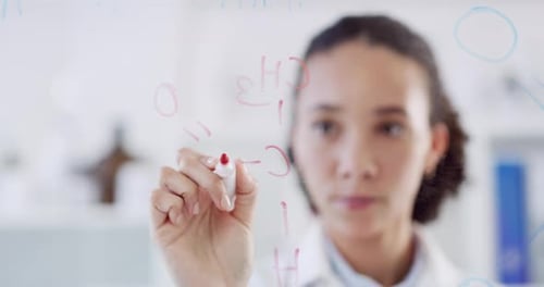 Scientist, innovation or woman writing on glass for science formula, futuristic idea