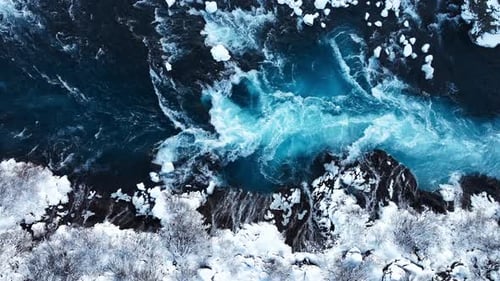 River in Iceland Snowy Hills and Waterfalls in Winter Magical Blue Glacial Water with a Huge Current