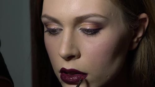 Woman Having Lipstick Applied with Brush